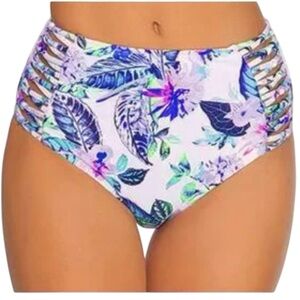 Ambrielle High Waisted Floral Bikini Bottoms Size XL White Multi Swim Beach